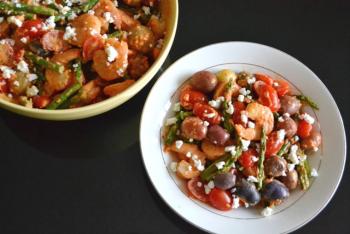 Shrimp & Asparagus Potato Salad w/ Roasted Red Pepper Goat Cheese Dressing Cooking Recipe